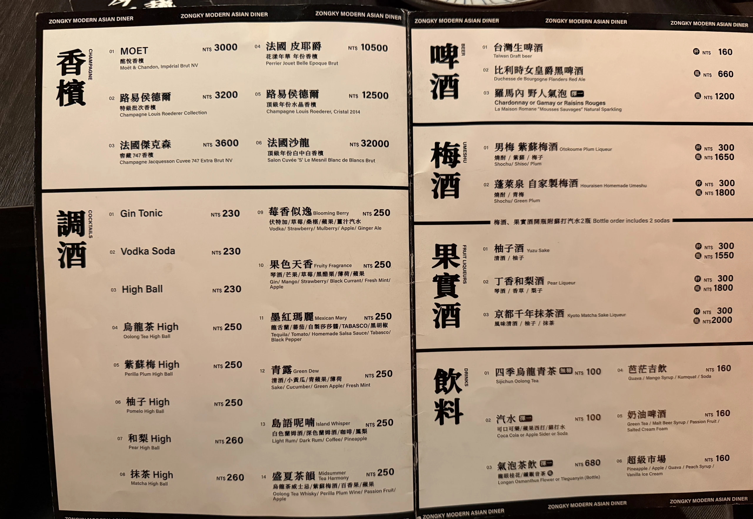 新中奇理髮廳 ZONGKY 酒單